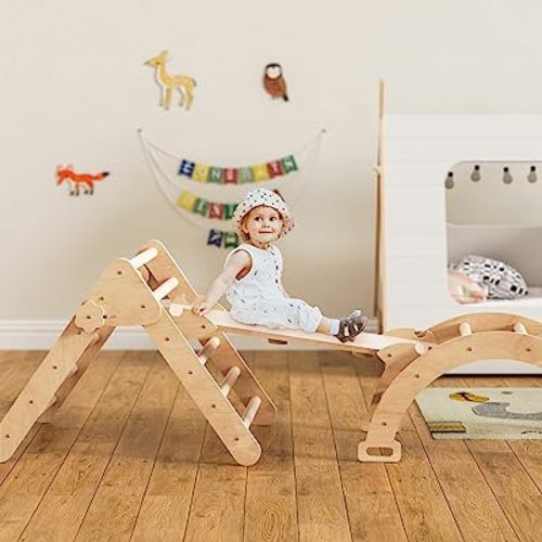 Cozy Castle 3 in 1 Wooden Climbing Toys for Toddlers, Foldable Pikler Triangle Climber with Ramp for Sliding or Climbing, Oak