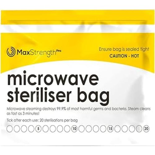 Premium Microwave Sterilizer Bags (20pcs) by Max Strength, Large & Durable Steam Bags for Baby Bottles, Soothers, Teethers & Training Cups, 20 Uses Per Bag & Marking System