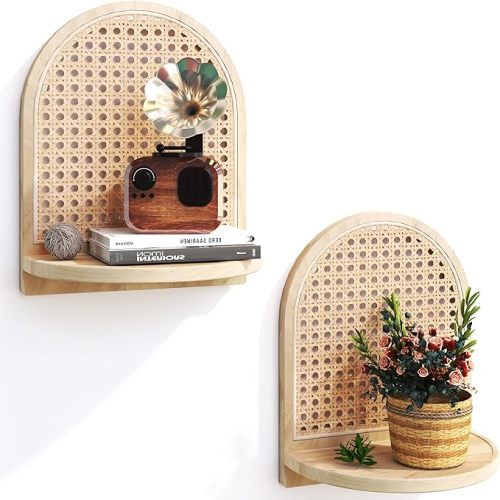 Rattan Shelf Set of 2, 7''Natural Rattan Shelf with Wicker Decor, Boho Wall Decor Small Floating Shelf for Plant Figurines Display, Mini Shelves for Knick Knack Storage