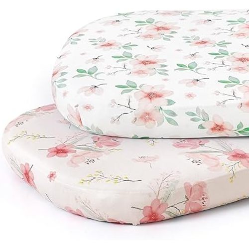 Stretch Fitted Bassinet Sheet Set BROLEX 2 Pack Cradle Sheets for Bassinet Pad/Mattress,Unisex Boys Girls,Ultra Soft,Pink Blossom