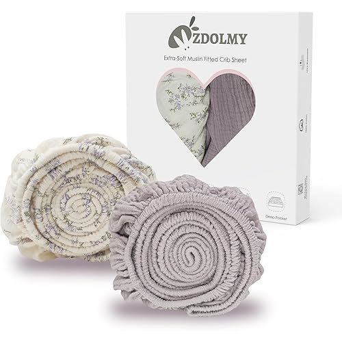 Zdolmy Muslin Crib Sheets for Girl Boy, 2 Pack 100% Cotton Crib Sheet for Standard Crib Mattress(28"x 52"), Fitted and Soft Breathable Crib Mattress Sheet, 360° Wrapping (Blossom & Purple)