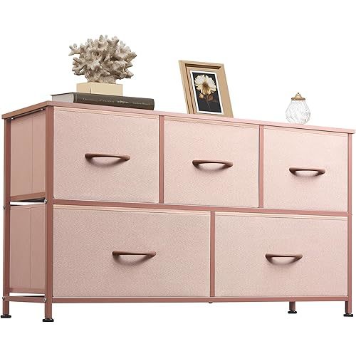 WLIVE Dresser for Bedroom with 5 Drawers, Wide Chest of Drawers, Fabric Dresser, Storage Organization Unit with Fabric Bins for Closet, Living Room, Hallway, Pink and Rose Gold