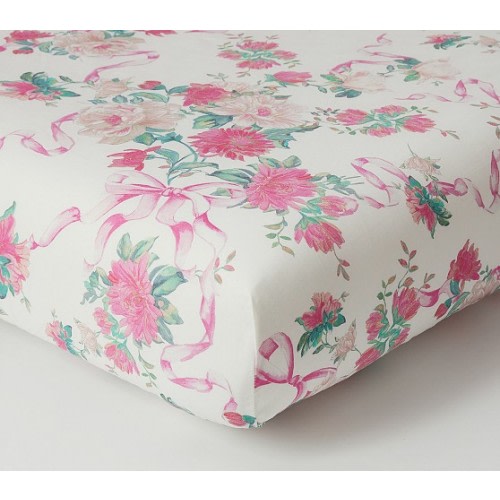 LoveShackFancy Cabbage Rose Bow Organic Crib Fitted Sheet | Pottery Barn Kids