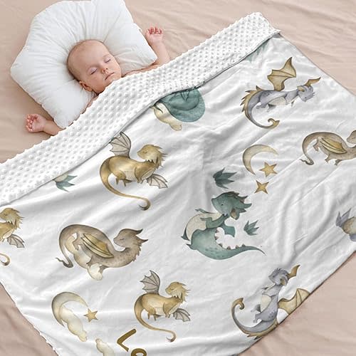 Watercolor Dragon Personalized Baby Blanket for Boy Girl,Custom Soft Minky Blanket Double Layer Dotted Newborn Naps 35X45 in