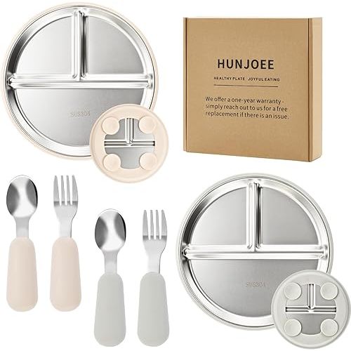 2-Pack Stainless Steel Baby Plates with Suction, 2 Baby Spoons & Forks Set, Lead-Free BPA-Free Toddler Utensils for Baby-Led Weaning