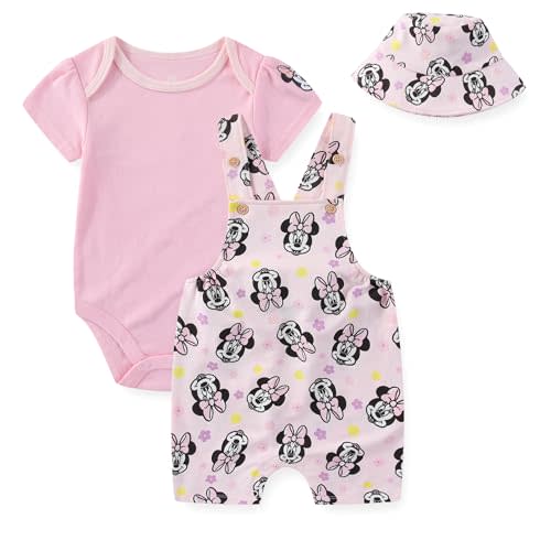 Disney Minnie Mouse Baby Girls French Terry Shortall Overalls T-Shirt and Hat 3-Piece Set for Infants