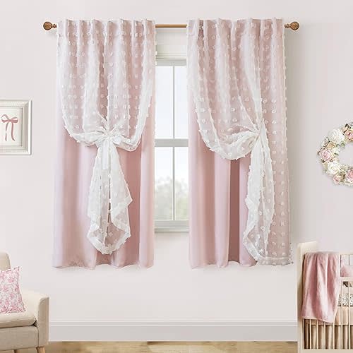 Pink and White Sheer Black Out Curtains 72 Inch Long for Girls Bedroom,Pom Pom Ruffle Room Darkening Blackout Curtains for Nursery
