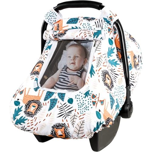 Baby Car Seat Cover, Winter Car Seat Covers for Babies, Carseat Cover Boy, Mink Carseat Canopy with Window, Cozy & Warm Cover, Lion