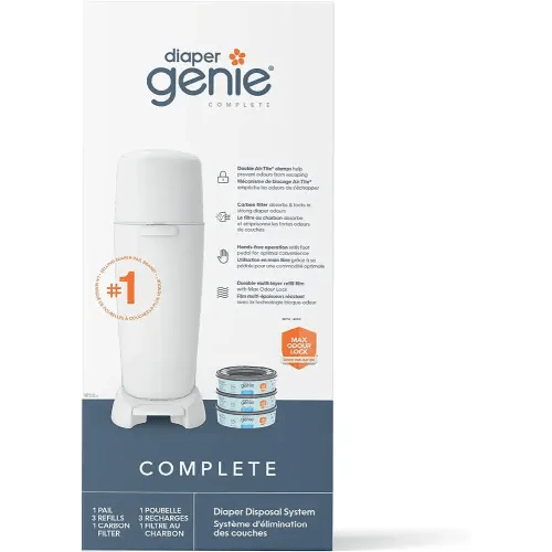 Diaper Genie Complete Diaper Pail (White) with Odor Control | Includes 1 Diaper Trash Can, 3 Refill Bags, 1 Carbon Filter
