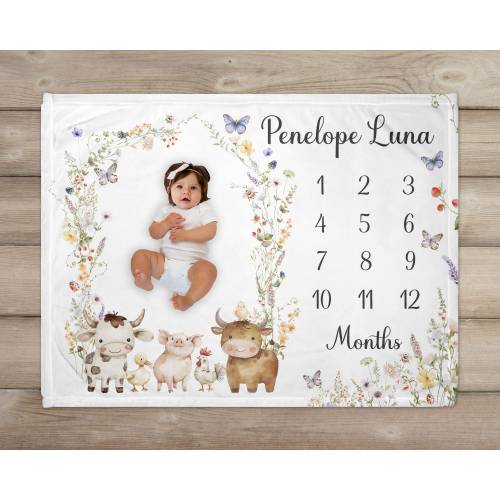 Wildflowers Farm Animals Milestone Blanket, Personalized Baby Blanket, Monthly Growth Tracker, Baby Shower Gift, Baby Girl Newborn Gift,