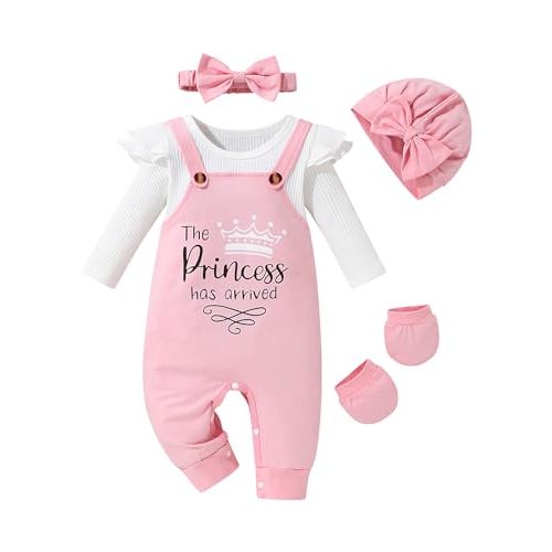 Gaupafmb Baby Girl Clothes Patter&Letter Baby Girl Romper with Bow Hat&Headband and Gloves 4Pcs Baby Girl Coming Home Outfit