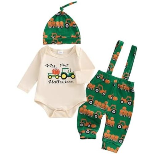 Halloween Newborn Baby Boy Outfit 1st Letter Romper Pumpkin/Boo Suspender Pants Outfits+Hats 3Pcs Fall Boy Outfits