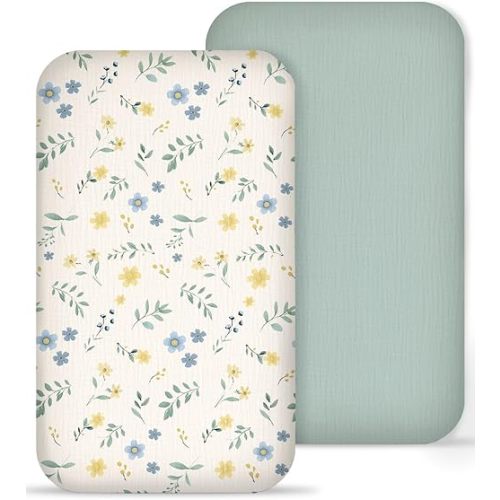 Muslin Bedside Bassinet Sheets 2 Pack, 33x20 Fitted Ultra Soft & Breathable Bedside Sleeper Sheets, Ideal for Baby Girl and Boy, Perfect for Newborns (Spring Garden & Sage)