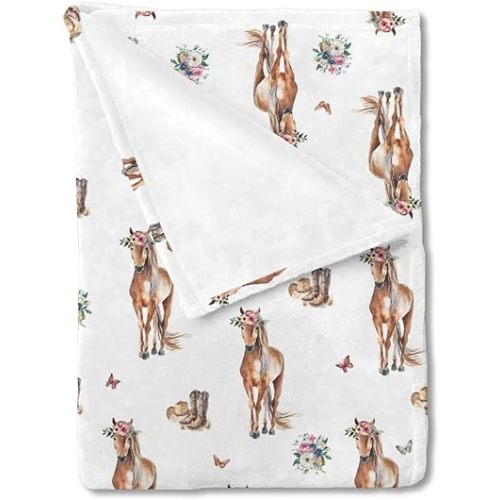 Watercolor Cowgirl Horse Floral Baby Blanket for Girl Western Cowgirl Boots Hats Butterflies Flannel Soft Swaddle Blanket Receiving Blankets for Toddler Newborn Nursery Bedding Crib 30x40