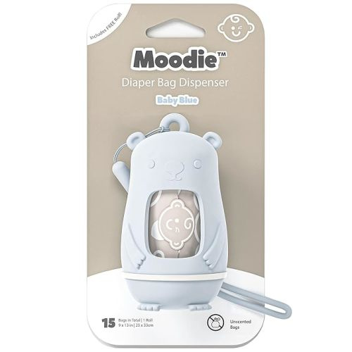 Amazon.com: NEW Moodie Teddy Bear Diaper Bag Dispenser | Diaper Bag on the Go Dispenser w/Silicon Strap |15 LAVENDER SCENTED Diaper Disposal Bags per Roll | Diaper bag essential items (BABY BLUE) : Home & Kitchen