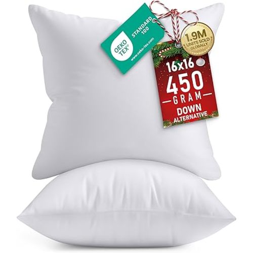 Utopia Bedding 16x16 Pillow Inserts, Set of 2, White – Indoor Decorative Throw Pillows for Bed, Sofa & Couch – Soft, Supportive & Fluffy Cushion Inserts