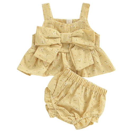 Infant Baby Girls 2Pcs Outfits Set Plaid Floral Print Bowknot Suspender Tops Shorts Summer Clothes