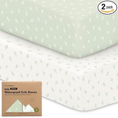 2-Pack Waterproof Baby Crib Sheets for Boys, Girls - 52x28 Viscose Derived from Bamboo Toddler Bed Sheet Neutral, Fitted Crib Mattress Protector Cover for Baby Bedding, Soft & Gentle (Herb)