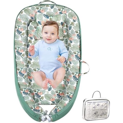 Baby Lounger for Newborn 0-24 Months with Removable Pillow | Breathable, Portable & Soft Infant Sleep Mat | CPSC Certified for Home, Travel & Playtime | Easy to Clean Baby Gift Essentials-Green Leaf