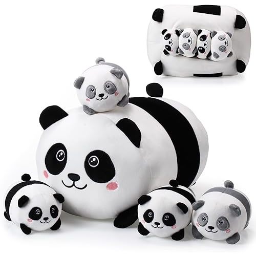 Skylety 5 Pcs Panda Stuffed Animal 14 Inch Mommy Panda Plush Pillow with 4 Baby Small Pandas Soft Panda Plush Set Gift for Christmas Birthday Party Favors(Cute Style)