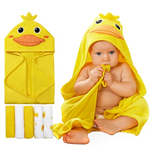 SYNPOS Baby Bath Towels Hooded, Hooded Baby Towel with 5 Washcloths - Ultra Absorbent and Non-Balling Cotton Baby Bath Towel for Baby Boy/Girl, Toddler, Infant - Baby Towels and Washcloths
