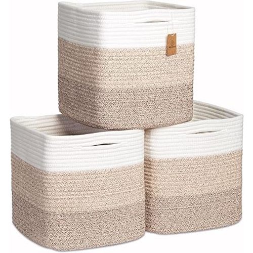 NaturalCozy Storage Cubes 11 Inch Cotton Rope Woven Baskets for Organizing, 3-Pack | Cube Storage Bin | Square Storage Baskets for Shelves Organizer, Classroom, Kids Toy Bins, Closet, Baby Nursery