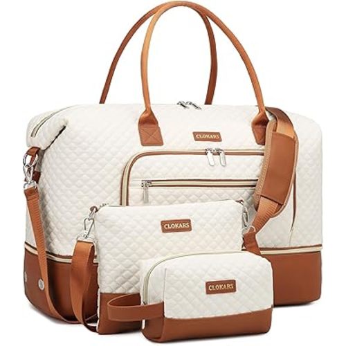 Weekender Bags for Women, Travel Tote Duffle Bag Carry On Overnight Bag with Cosmetics Bag and Crossbody Purse for Gym Hospital, Gifts for Women, Beige Brown