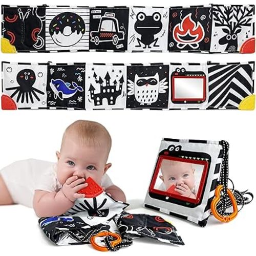 KUANGO Black and White Baby Toys Tummy Time High Contrast Newborn Toys 0-3 Months, Soft Baby Book Visual Stimulation Infant Toys 0-6-12 Months, Crinkle Montessori Learning for Babies