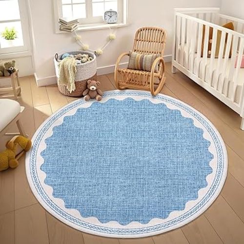 Scalloped Blue 4ft Round Rug Washable Non-Slip Soft Ultra-Thin Small Circle Modern Cottage Core Solid Tan Carpet for Entryway Kitchen Bedroom Nursery Dining Room