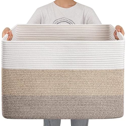 OIAHOMY 108L Super Large Blanket Basket, 25”x16”x16”(108L) Rectangle Woven Baskets for Storage, Cotton Rope Basket For Living Room, Toy Basket with Handle, Basket for Organizing- Gradient Brown