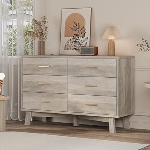 Dresser for Bedroom, 6 Drawer Wide Modern Chest of Drawers with X-Shaped Sturdy Base, Wood Double Dresser Closet Clothes Storage Organizer, Wooden TV Stand for Living Room, Hallway, Grey