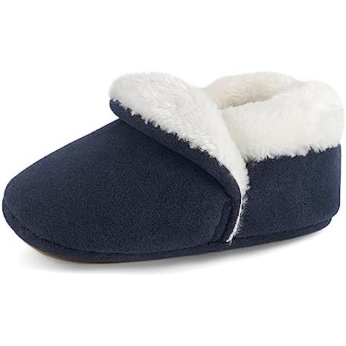 ESTAMICO Boys Girls Faux Fur Lined Suede House Slippers Cozy Memory Foam Slippers Breathable Indoor Outdoor Moccasins
