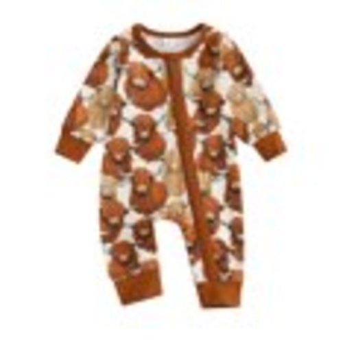 Western Baby Boy Clothes Newborn Infant Cow Print Romper Long Sleeve Bodysuit Zip Up Jumpsuit