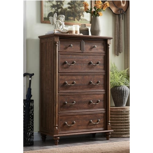 T4TREAM Farmhouse 6 Drawers Dresser Chests for Bedroom w/4 Solid Wood Feet & Column Decor, Tall Wood Country Rustic Chest of Drawers, Storage Dressers for Bedroom, Living Room,Reclaimed Barnwood Color