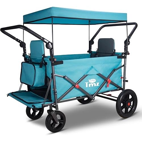TMZ Foldable Wagon with Canopy, Collapsible Folding Wagon with Adjustable Handle Bar, Multi Functional Cart with Expansion Accessories, Front Expandable Transport Camping Wagon(Turquoise/Grey)