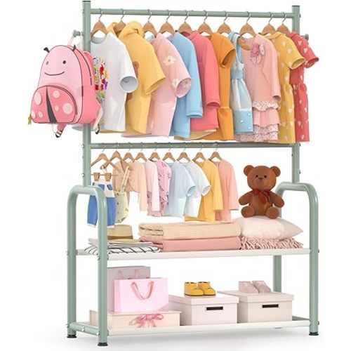 Kids Clothing Rack with 2-Layer Storage Shelf and 2 Adjustable Hanging Rods, Dress Up Rack for Hanging Clothes,Dress up Storage for Baby Toddle Kids(Classic, Green)