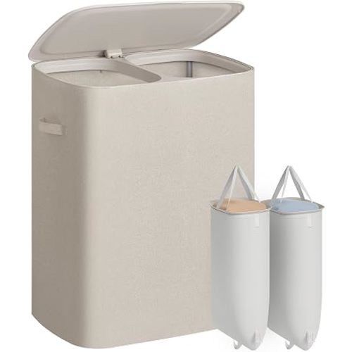 SONGMICS Laundry Basket with Lid, 42.2 Gallons, 2-Compartment Laundry Hamper with Handle, Removable Liner, Easy Assembly, 22 x 15.7 x 27.5 Inches, Cappuccino Beige ULCB822L101