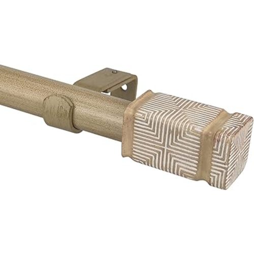 Rustic Boho Style Single Curtain Rod Set with Carved Square Finial,72-144 inch, Standard Single Beige Drapery Rod for 1 Pack, 1 inch diameter, Adjustable Length