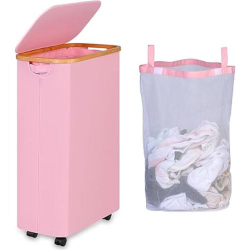 75L Slim Laundry Hamper with Wheels,Clothes Hamper for Laundry,Laundry Basket with Lid & Inner Bag,for Laundry Room, Bedroom, Dormitory Organization,Pink