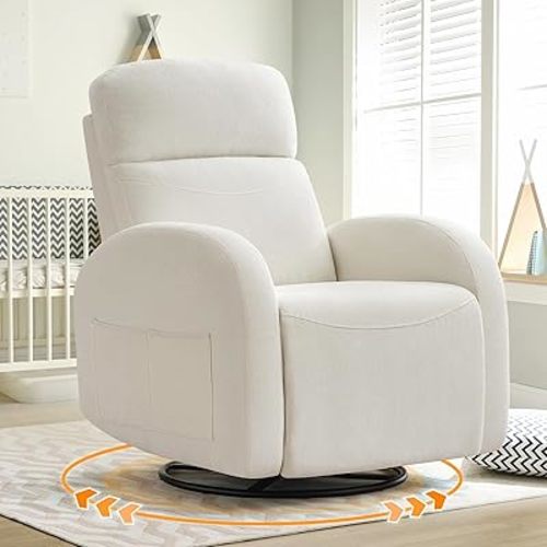 Swivel Recliner Rocker Nursery, Chenille Nursering Glider Recliner, Manual Swivel Rocking Reclining Single Sofa with Double Pockets for Living Room, Cream White