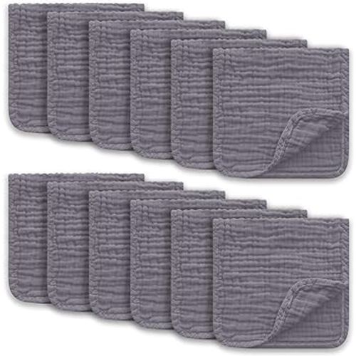 Ease Cubs Muslin Burp Cloths Large 100% Cotton Hand Washcloths for Boys & Girls, Baby Essentials Extra Absorbent and Soft Burping Rags for Newborn Registry (Grey, 12-Pack, 20" X10")