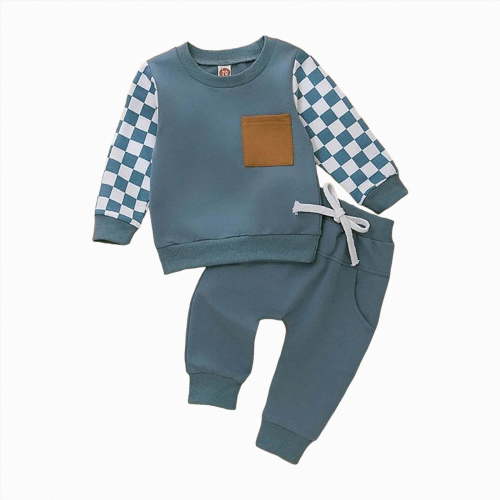 HCNTES Baby Boy Girl Fall Outfits Checkered Plaid Pullover Sweatshirt Top Pants Set Trendy Toddler Checkerboard Outfit(Blue&1#1,3-6 Months)
