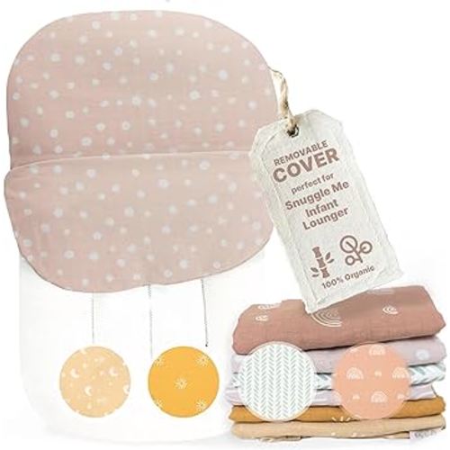 Newborn Lounger Cover for Snuggle Me Organic | 100% Organic Muslin Cotton and Rayon Blend | Envelope Style Fit | Replacement SlipCover Only (Pink, Dots)