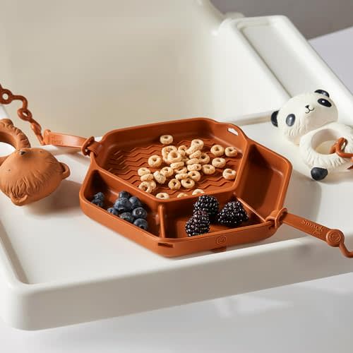 Smack Fun - The Original All-in-one Suction Plates + Safety Toy Straps - Silicone Suction Plates for Toddlers + Baby - First Foods + Self-Feeding. Comes with 2 straps (Clay)