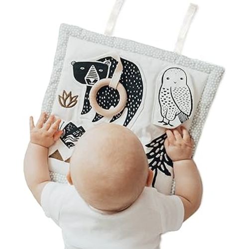 Wee Gallery Organic Activity Pad - High Contrast Tummy Time Play Mat with 4 Interactive Activities - Soft Sensory Mat for Babies - Visual & Motor Skill Development Pad - (Woodland)