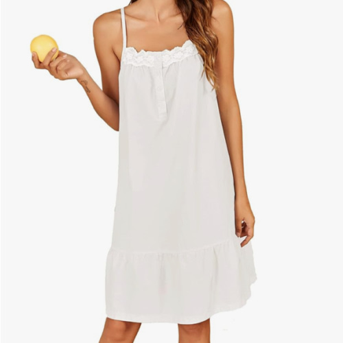 Ekouaer Women's 100% Cotton Lace Nightgown Sleeveless Sleep Dress Victorian Sleepshirt Button Strap Gown