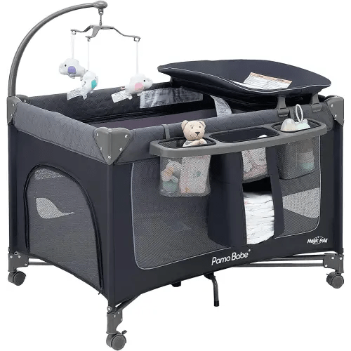 Pamo Babe Magic Fold Baby Playard, 1 Step to Set Portable Crib with Changing Table and Zipper Gate, Easy to Carry