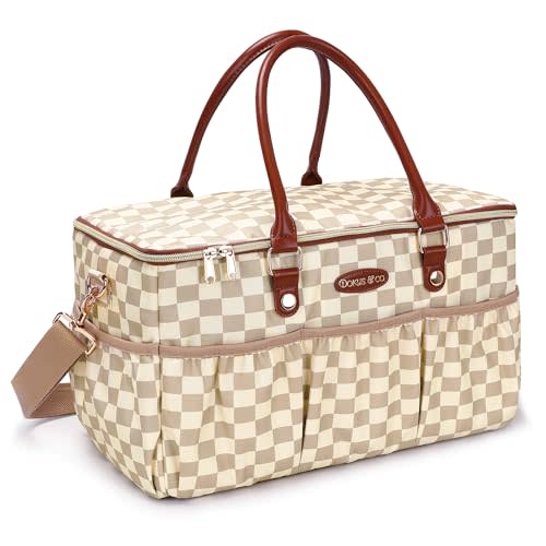 Dokus & Co Large Diaper Bag Tote with Shoulder Strap – Water-Resistant Baby Bag for Travel, Mom & Dad – Stylish Diaper Organizer with Zipper Pockets – Beige Checkered