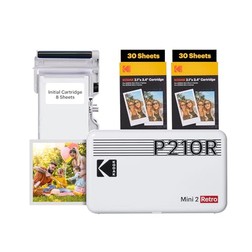 KODAK Mini 2 Retro 4PASS Portable Photo Printer, 2.1x3.4 inches, 68 Sheets Bundle, White