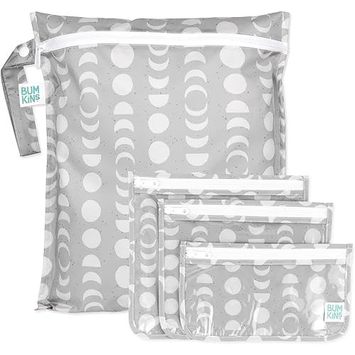 Bumkins Waterproof Wet Bag and Packing Pouches, TSA Airline Compliant, Pack for Baby, Travel, Swim Suit, Cloth Diapers, Pump Parts, Pool, Gym Clothes, Toiletry, Daycare, Zip Bag, 4-pc Set Lunar Gray